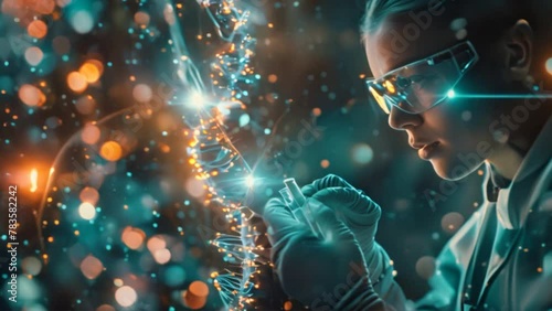 Medical innovation with a wide holographic banner showcasing scientists doing pharmaceutical research, medicine, and biotechnology to sequence DNA genomes to study blood cells and develop treatments f