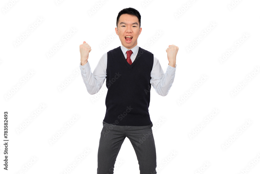 High school student in uniform fist pump isolated High school student in uniform fist pump isolated