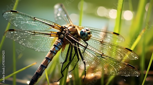 A macro shot of a dragonfly resting on a blade of grass, showcasing the intricate texture of its wings © Qadeer