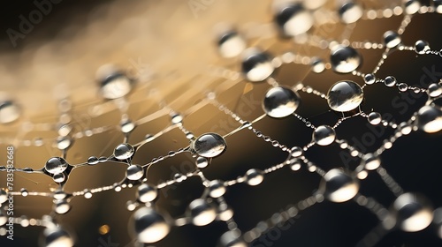 A macro shot of a spider web covered in dewdrops, glistening in the morning light