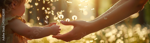 Wallpaper Mural A mother teaching her child to blow dandelion seeds in a sunlit park, a close-up on their hands together, guiding the seeds into the air. Torontodigital.ca