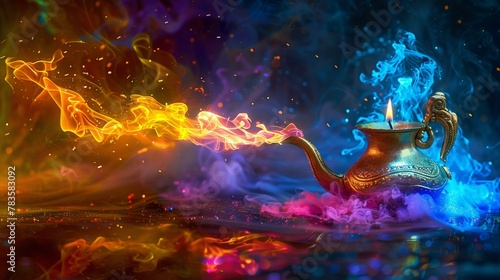 A dessert djinni emerging from a lamp, granting wishes of rainbow delights © Seksan