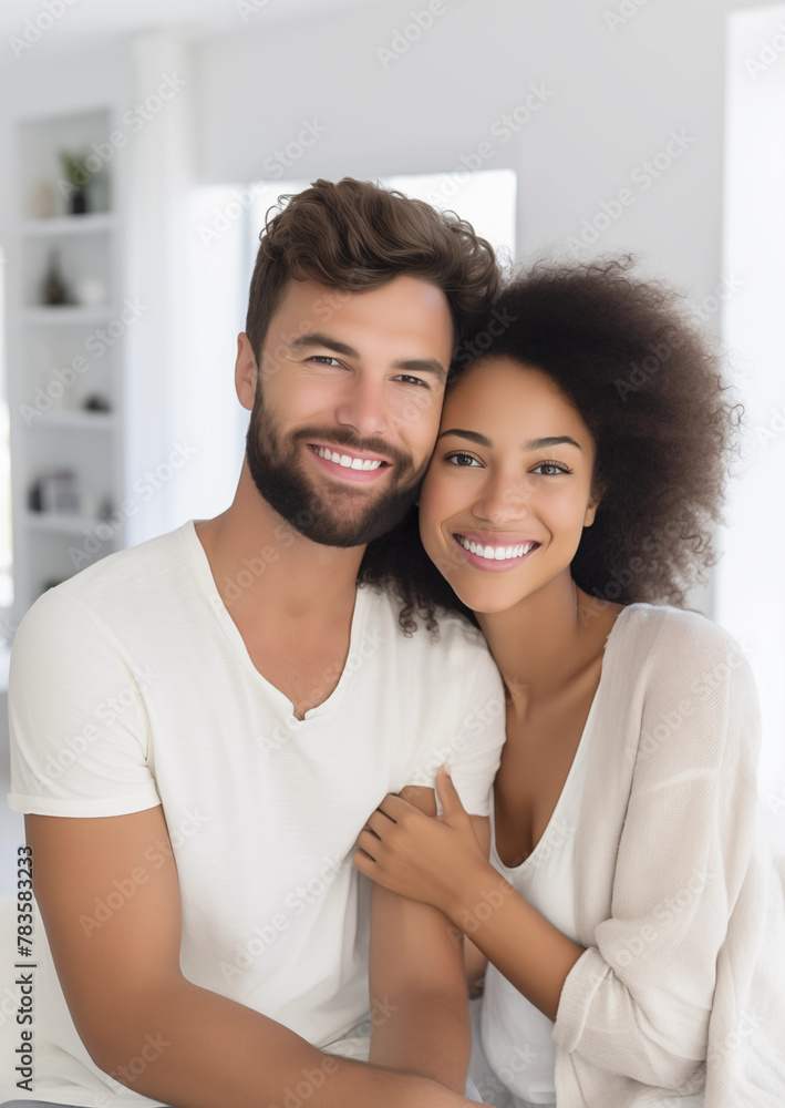 Multiracial couple at home.