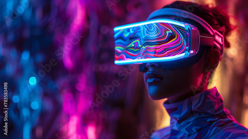 Woman in Vibrant Cyberpunk VR Headset, Neon Digital Landscape