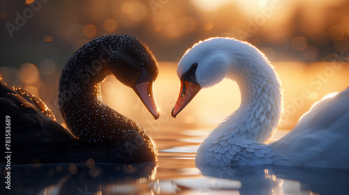 Black and White Swan Couple in Serene Sunset, Symbol of Love and Harmony