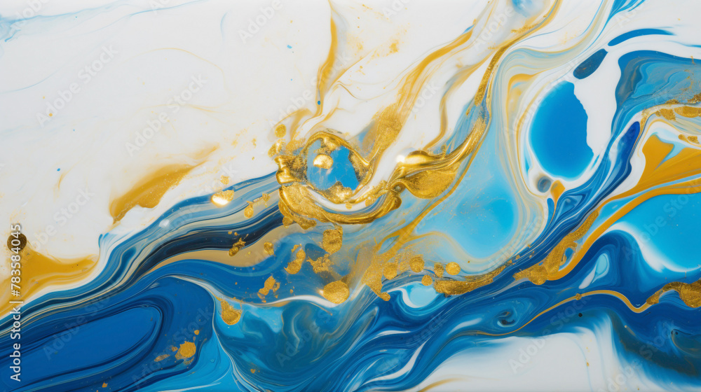 Vibrant swirls of cerulean blue and golden yellow on a pristine white surface, evoking a sense of wonder and joy.