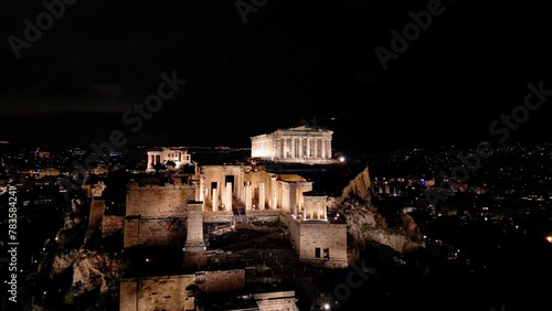 Acropolis in Greece by night , Parthenon in Athens drone aerial view, famous Greek tourist attraction, Ancient Greece landmark drone view - sigthseeing destination Unesco Heritage world in Atene 