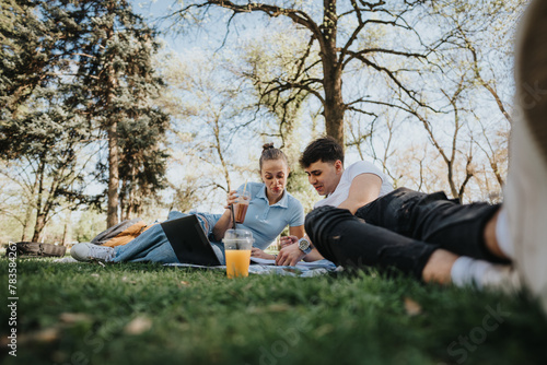 A group of university friends gather outdoors on the grass, studying and enjoying a beverage, embodying teamwork in a serene park setting.