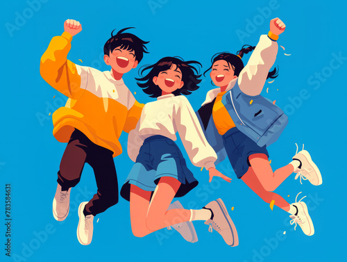 Cartoon illustration of young people jumping for joy