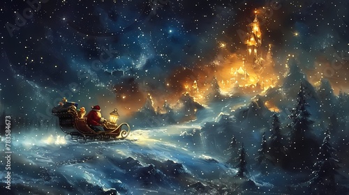 A magical Merry Christmas background with a starry sky, a sleigh filled with gifts, and Santa Claus flying over a snowy mountain range photo