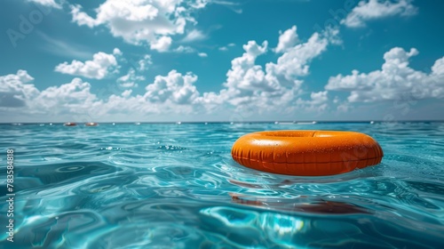 A large orange inflatable ring floats on the surface of the water