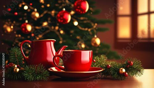 Cozy Christmas Setting with Red Cup and Pot