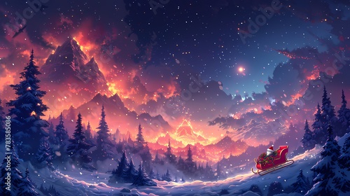 A magical Merry Christmas background with a starry sky, a sleigh filled with gifts, and Santa Claus flying over a snowy mountain range