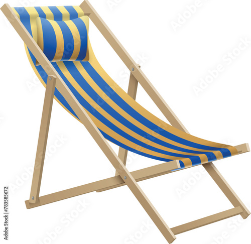 3D Striped deck chair icon. Beach chair wooden, striped blue and yellow. Watercolour illustration. Isolated object from the Beach vacation collection. For decoration and design, summer compositions.