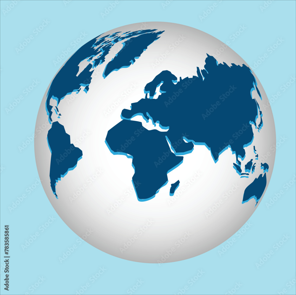 Earth globe. world map with continents on planet Earth, vector illustration on white background.Earth with a meridian from the side of Europe on a white background. It can be used as an icon, logo.