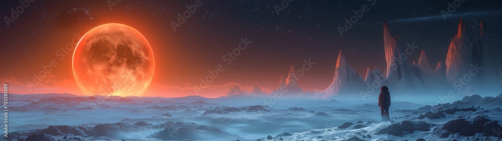 sunset in the mountains on a Distant Planet with Bioluminescent Flora and Alien Landscapes, super ultrawide wallpaper