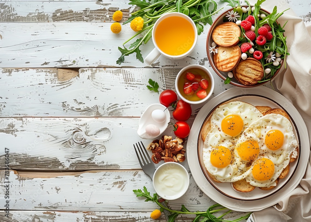 A rustic breakfast setting featuring sunny-side-up eggs, pancakes, and fresh produce, ready for a hearty morning feast. A rustic breakfast setting featuring sunny-side-up eggs, pancakes, and fresh produce, ready for a hearty morning feast.