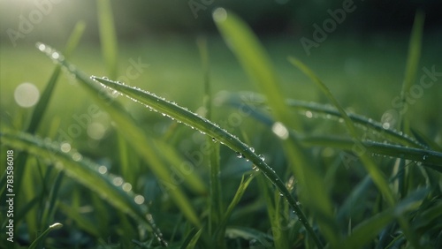 Close up of dewcovered grass, glistening with moisture on terrestrial plant