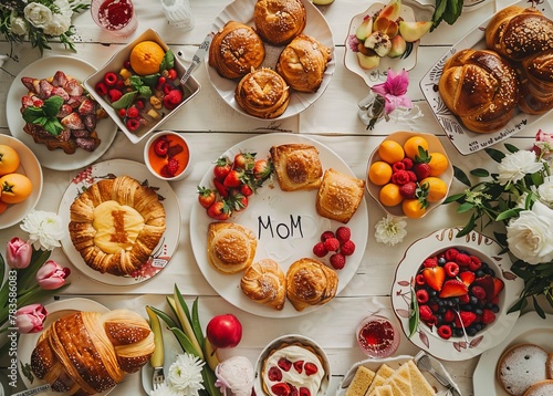 A celebratory Mother's Day brunch spread with pastries and fruits, thoughtfully arranged for a family gathering.