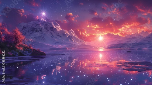 sunset over the lake on distant planet with bioluminescent flora and mysterious extraterrestrial landscapes  sci-fi style
