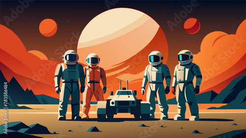 Against the backdrop of a stunning galactic landscape the team stands together in front of their multifunctional rover ready to explore a
