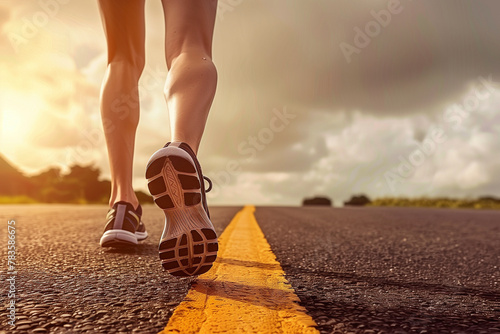 A man is running on a road with a yellow line. The road is empty and the sky is cloudy
