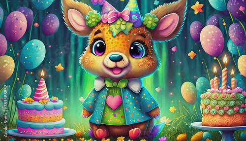 OIL PAINTING STYLE CARTOON CHARACTER Multicolored happy baby deer  with birthday cake  cartoon 