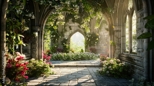 Beautiful ancient stone arches with ivy and vines