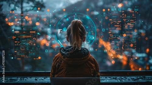 back of a young woman watching a hologram dashboard