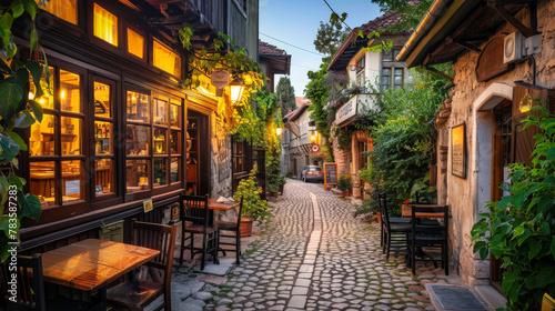 An old tavern on an old narrow paved street in a lovely old town in the evening photo