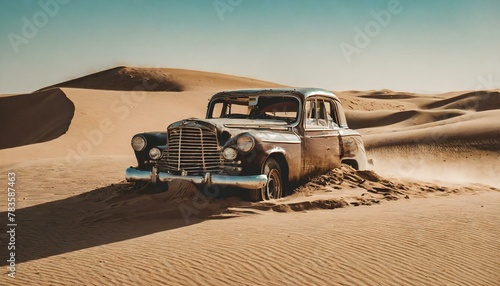 old classic wreck of a retro vintage car engulfed by sand dunes in the Sahara desert, background