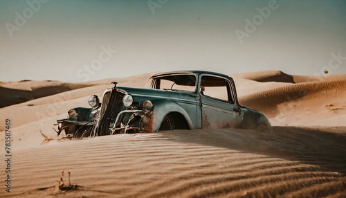 old classic wreck of a retro vintage car engulfed by sand dunes in the Sahara desert, background