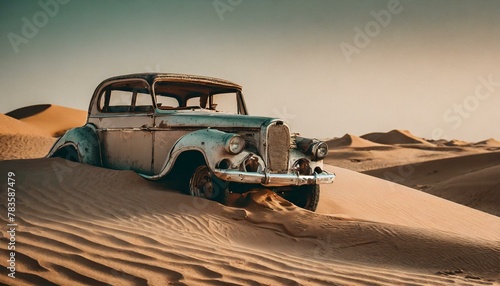 old classic wreck of a retro vintage car engulfed by sand dunes in the Sahara desert, background