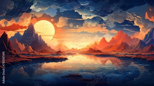 An otherworldly landscape emerges from the depths of blue and orange gradients, inviting exploration and wonder.