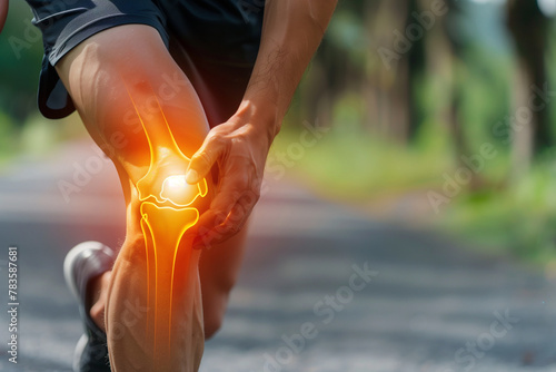 A person running with a knee injury. The knee is bent and the leg is bent at the knee photo