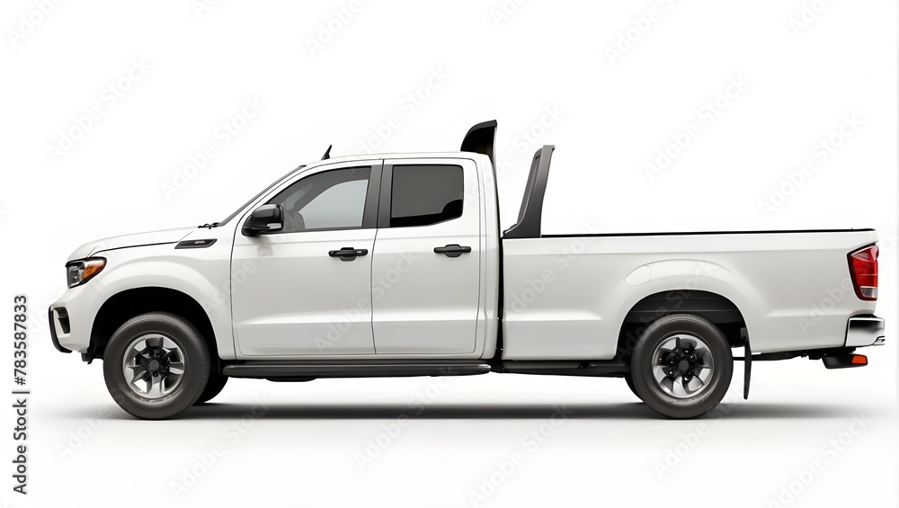 Side view of white pick-up truck on white background, ideal for mockups and designs.