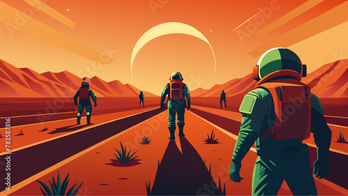 In the distance a group of Martians can be seen tending to fields of hardy crops their vibrant suits blending in with the redorange soil. Beyond
