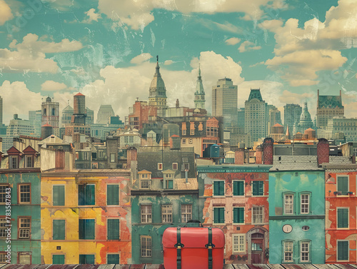 Suitcase and artistic cityscape painting