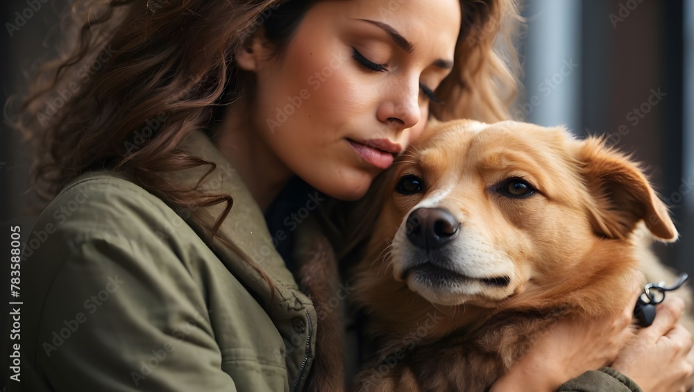 Close-up of a woman expressing compassion while cuddling her dog