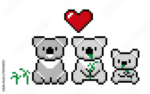 Pixel illustration of Koala family sitting and eating eucalyptus leaves (ID: 783588057)