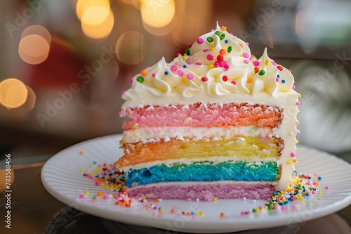 Rainbow layers peek through frosting  joyous celebration frozen in sweetness.