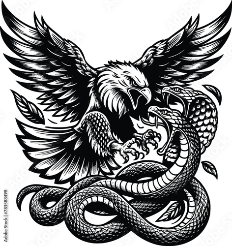 Bald eagle fighting a snake serpent, vector illustration.
