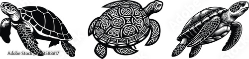 Set of turtles, underwater sea animals, vector illustration. 