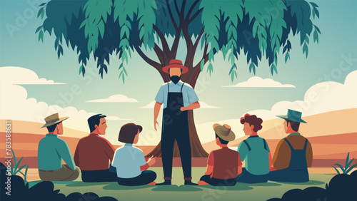 Under the shade of a tall willow tree a group of young farmhands gather around a wise old farmer soaking up his expertise on preserving and