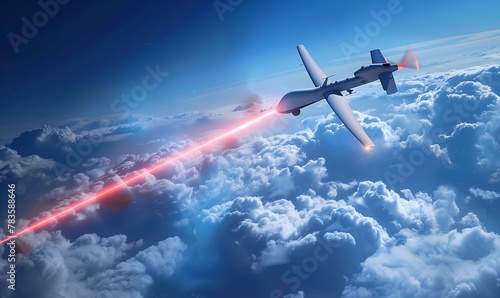 The laser beam hits the drone. The drone explodes. Concept of the latest weapon for fighting drones. Ukraine and Russia at war