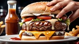 A hand grabs a towering double cheeseburger dripping with cheese and sauces, with fries and a bottle of ketchup in the background.. AI Generation