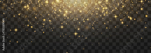 Vector flying particles of light. Magical light dust, dusty shine. Christmas light effect. Sparkling particles of fairy dust glow in transparent background. Vector illustration on png