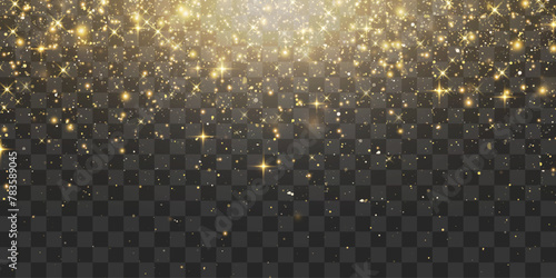 Vector flying particles of light. Magical light dust  dusty shine. Christmas light effect. Sparkling particles of fairy dust glow in transparent background. Vector illustration on png