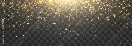 Vector flying particles of light. Magical light dust, dusty shine. Christmas light effect. Sparkling particles of fairy dust glow in transparent background. Vector illustration on png
