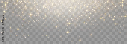Vector flying particles of light. Magical light dust, dusty shine. Christmas light effect. Sparkling particles of fairy dust glow in transparent background. Vector illustration on png